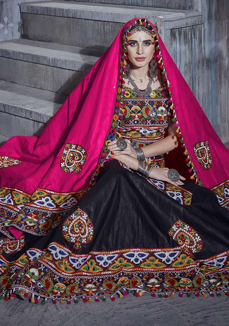 Black Embroidered Silk Blend Chaniya Choli Set For Navratri And Garba for Diwali and Festive Wear - Indya