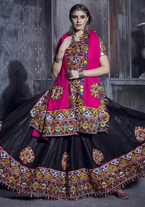 Black Embroidered Silk Lehenga Set With Dupatta