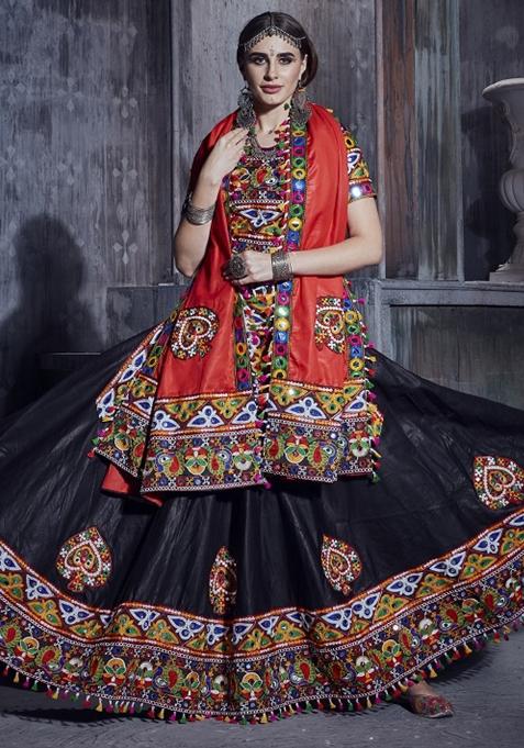 Black Embroidered Silk Lehenga Set With Dupatta