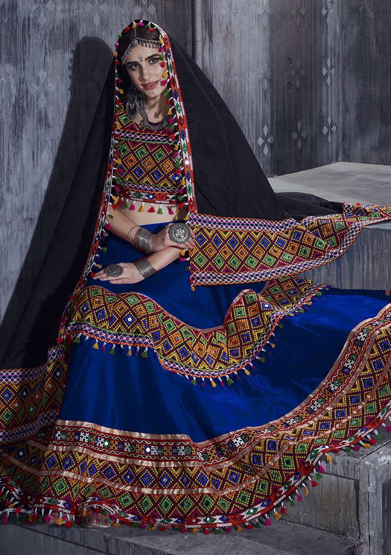 Blue Embroidered Silk Blend Chaniya Choli Set For Navratri And Garba for Diwali and Festive Wear - Indya