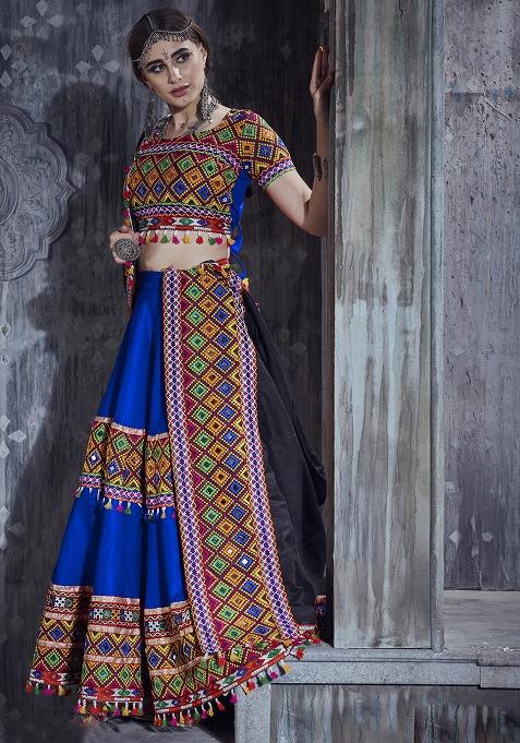 Blue Embroidered Silk Lehenga Set With Dupatta