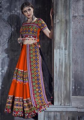 Orange Embroidered Silk Lehenga Set With Dupatta