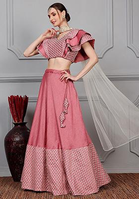 Peach Embroidered Art Silk Lehenga Set