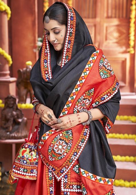 Red Embroidered Silk Lehenga Set With Dupatta