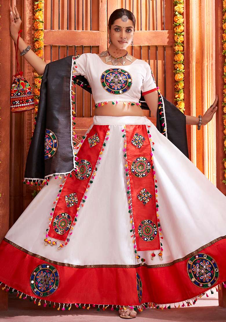 White Embroidered Silk Blend Chaniya Choli Set For Navratri And Garba for Diwali | Wedding & Festive Wear - Indya