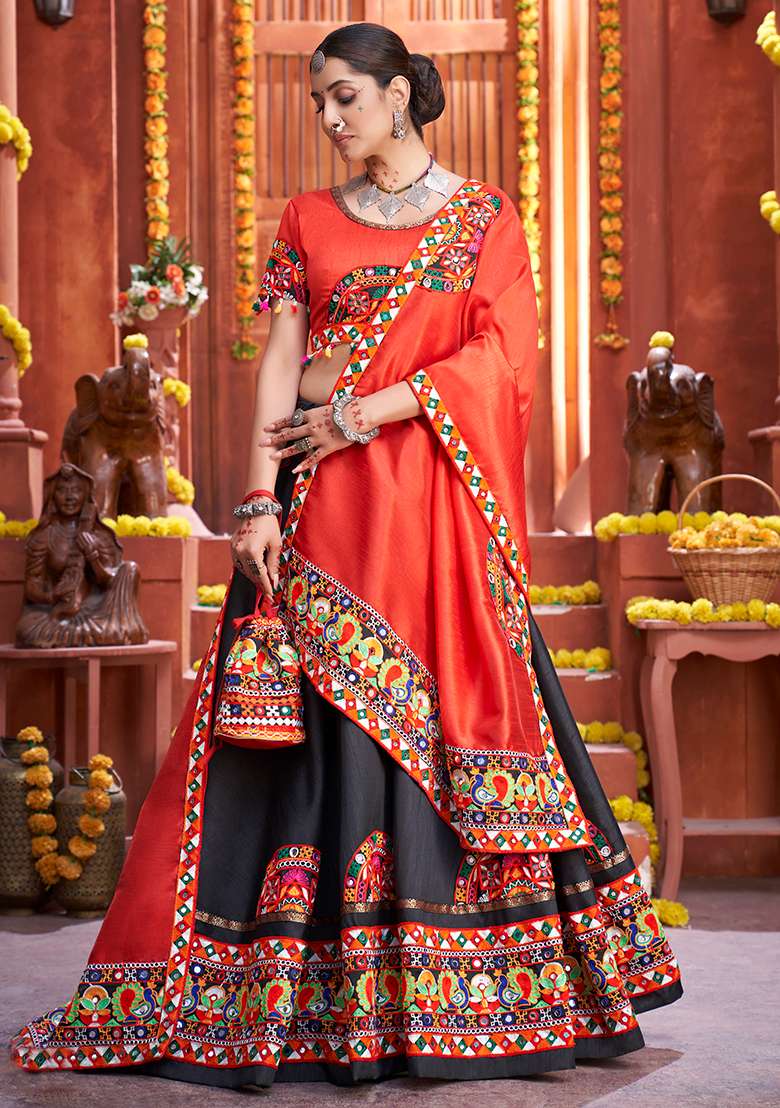 Black Embroidered Silk Blend Chaniya Choli Set For Navratri And Garba for Diwali and Festive Wear - Indya