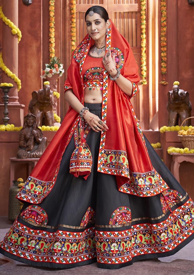 Black Embroidered Silk Lehenga Set With Dupatta