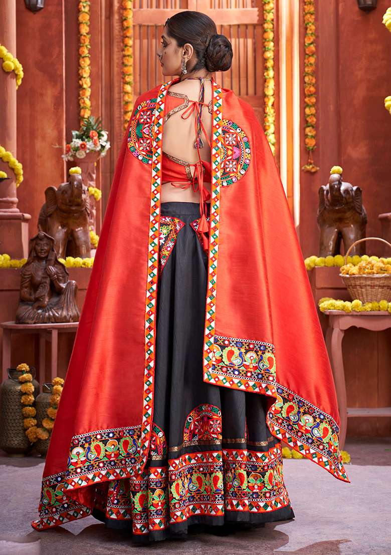 Black Embroidered Silk Blend Chaniya Choli Set For Navratri And Garba for Diwali and Festive Wear - Indya
