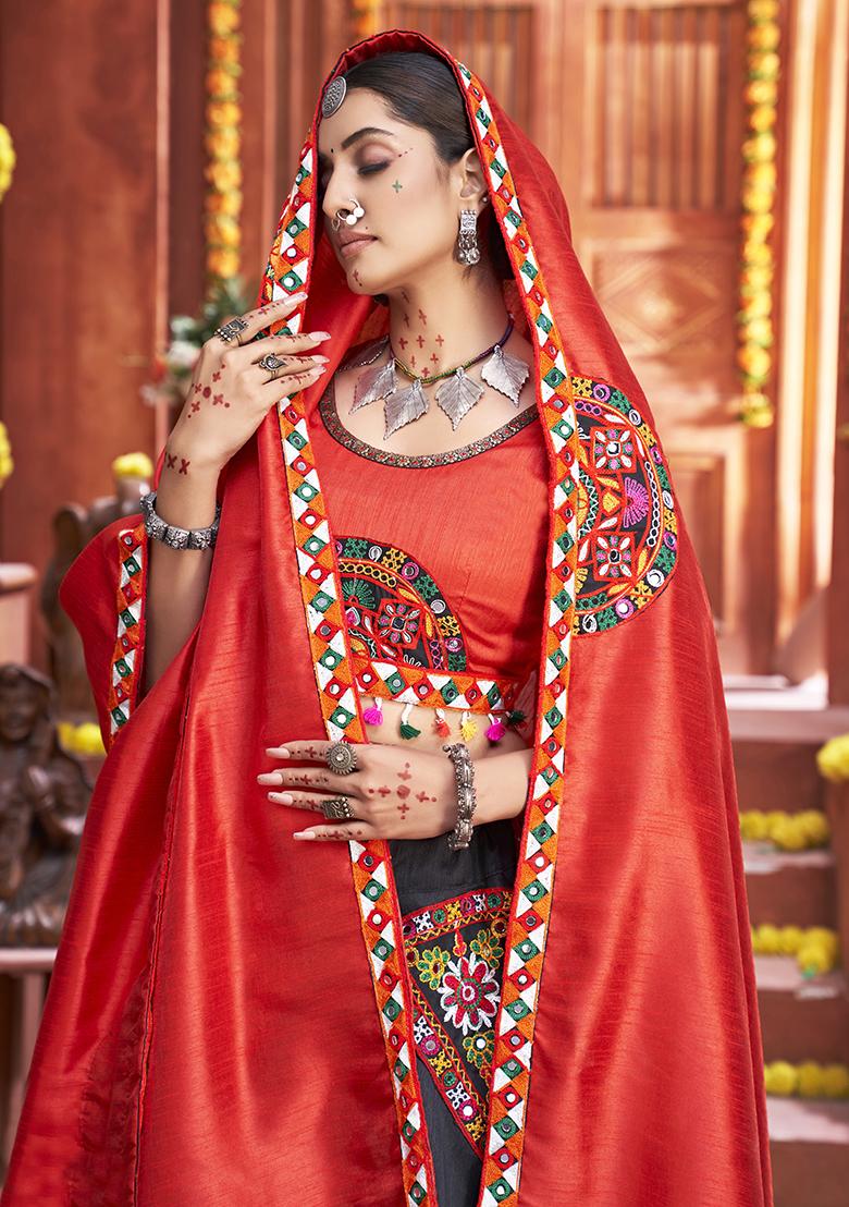 Black Embroidered Silk Lehenga Set With Dupatta