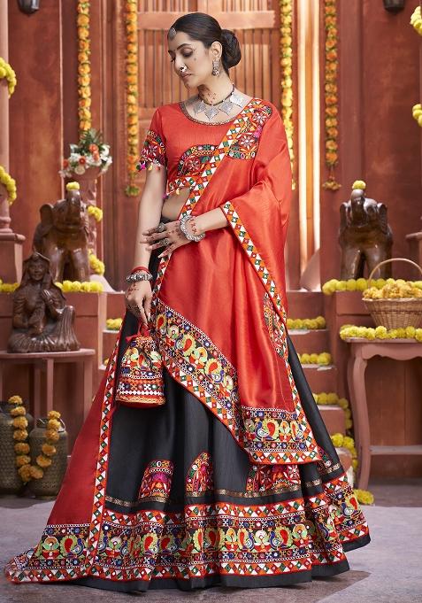 Black Embroidered Silk Lehenga Set With Dupatta