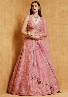 Pink Embroidered Silk Lehenga Set With Dupatta