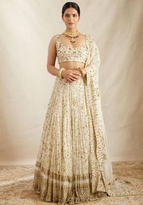 White Embroidered Georgette Lehenga Set With Dupatta