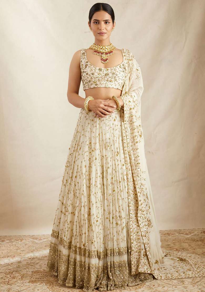 White With Dupatta Georgette Lehenga Set with Embroidered for Diwali | Wedding & Festive Wear - Indya