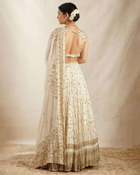 White With Dupatta Georgette Lehenga Set with Embroidered for Diwali | Wedding & Festive Wear - Indya