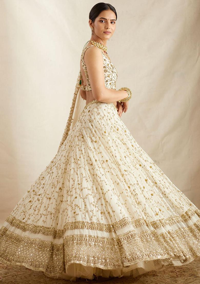 White Embroidered Georgette Lehenga Set With Dupatta