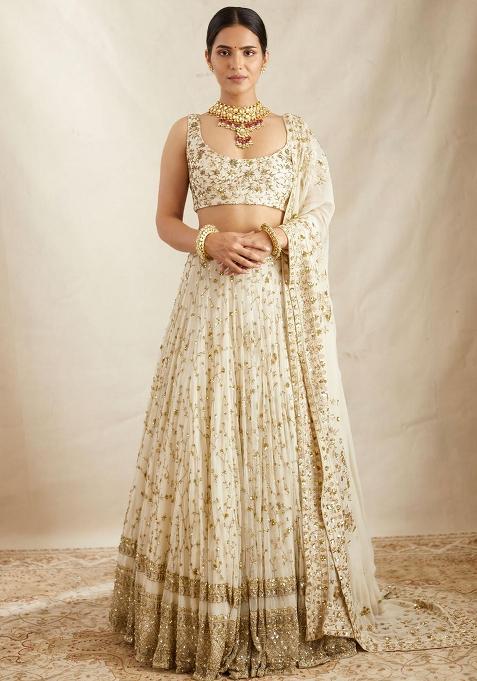 White Embroidered Georgette Lehenga Set With Dupatta