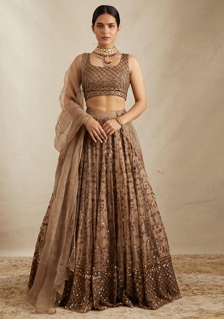 Brown Embroidered Net Lehenga Set With Dupatta