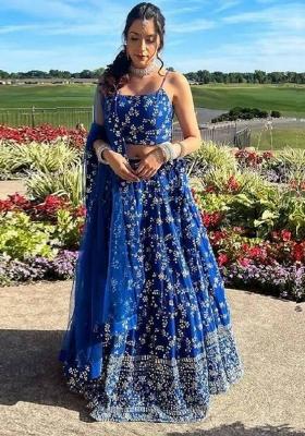 Royal Blue Embroidered Georgette Lehenga Set With Dupatta