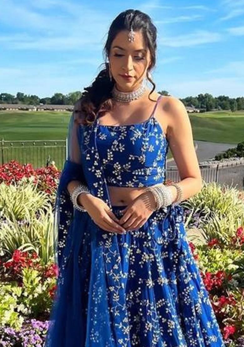 Royal Blue Embroidered Georgette Lehenga Set With Dupatta