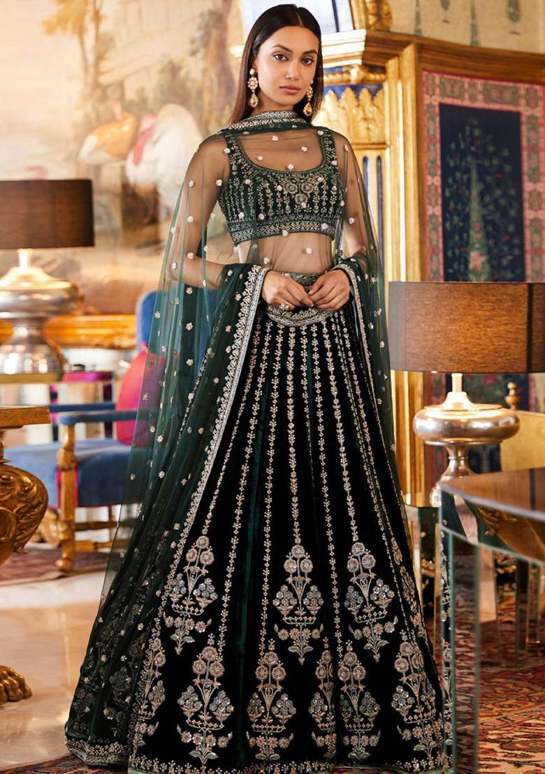 Green Embroidered Georgette Lehenga Set With Dupatta for Diwali and Festive Wear - Indya