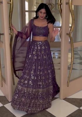 Purple Embroidered Georgette Lehenga Set With Dupatta