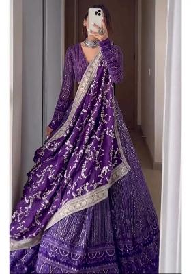Purple Embroidered Georgette Lehenga Set With Dupatta