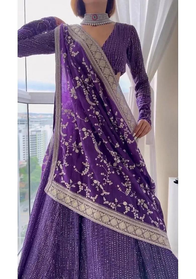 Purple Embroidered Georgette Lehenga Set With Dupatta