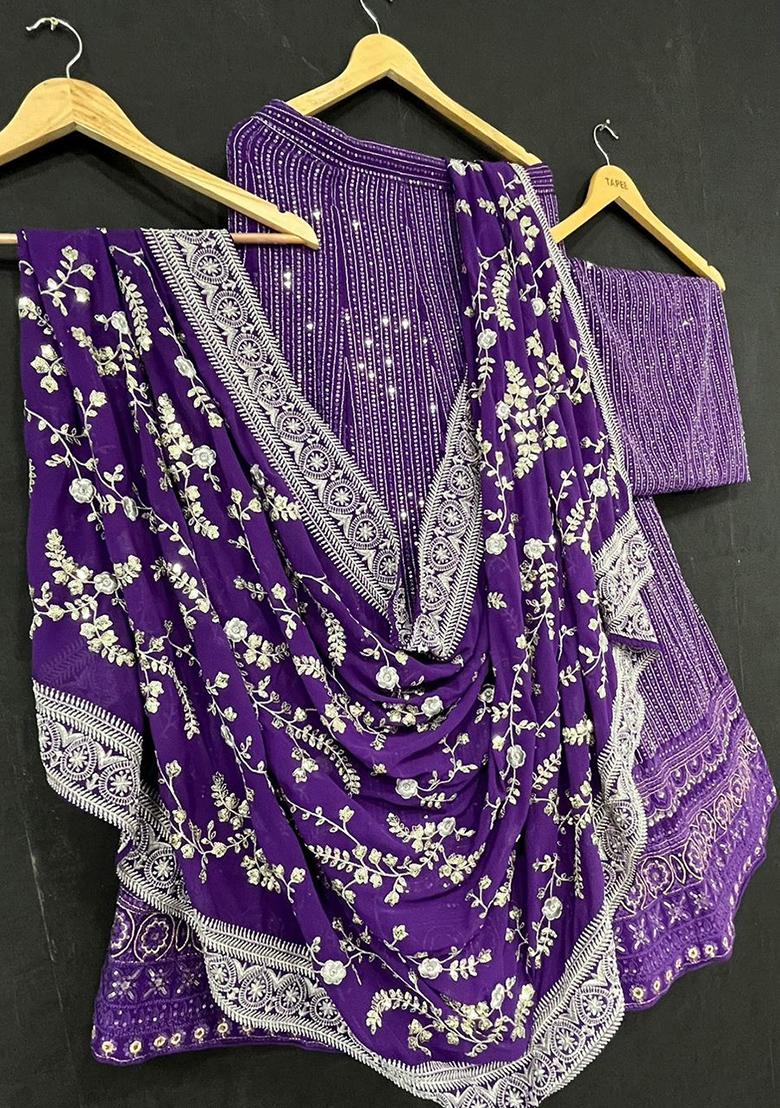 Purple Embroidered Georgette Lehenga Set With Dupatta
