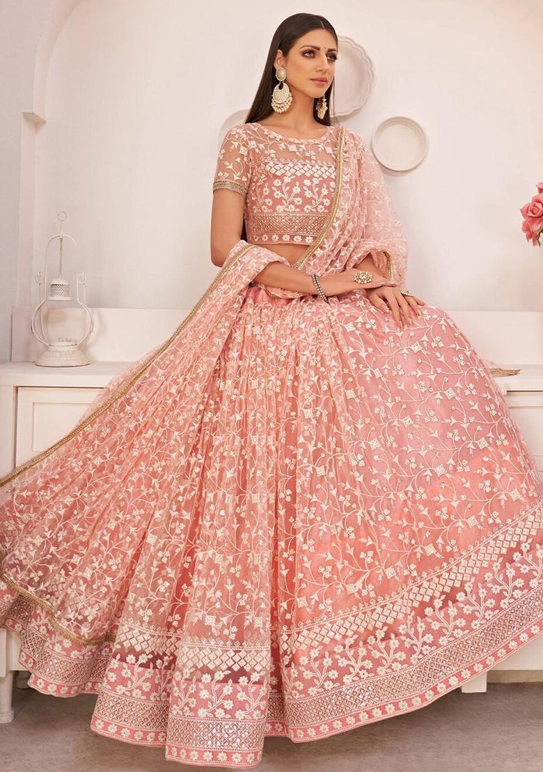Peach Embroidered Net Lehenga Set With Dupatta