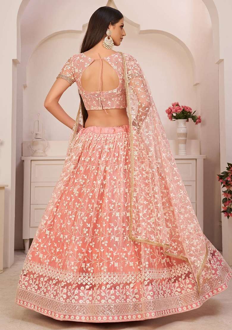Peach With Dupatta Net Lehenga Set with Embroidered for Diwali | Wedding & Festive Wear - Indya