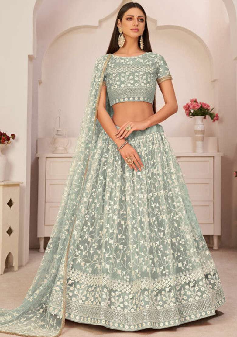 Pista With Dupatta Net Lehenga Set with Embroidered for Diwali | Wedding & Festive Wear - Indya