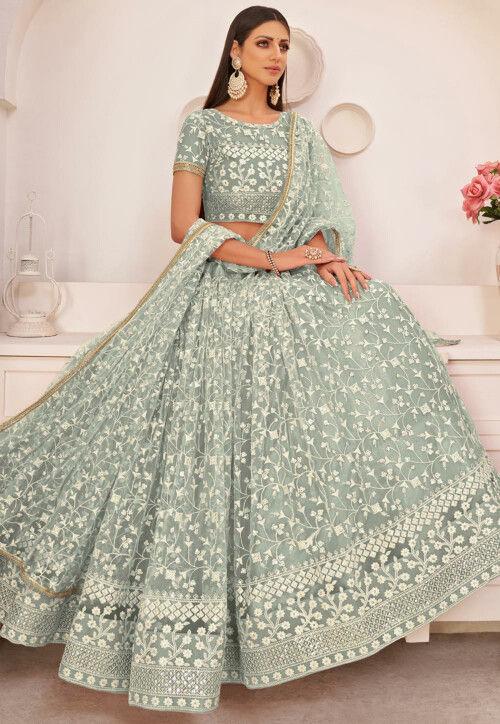 Pista Embroidered Net Lehenga Set With Dupatta