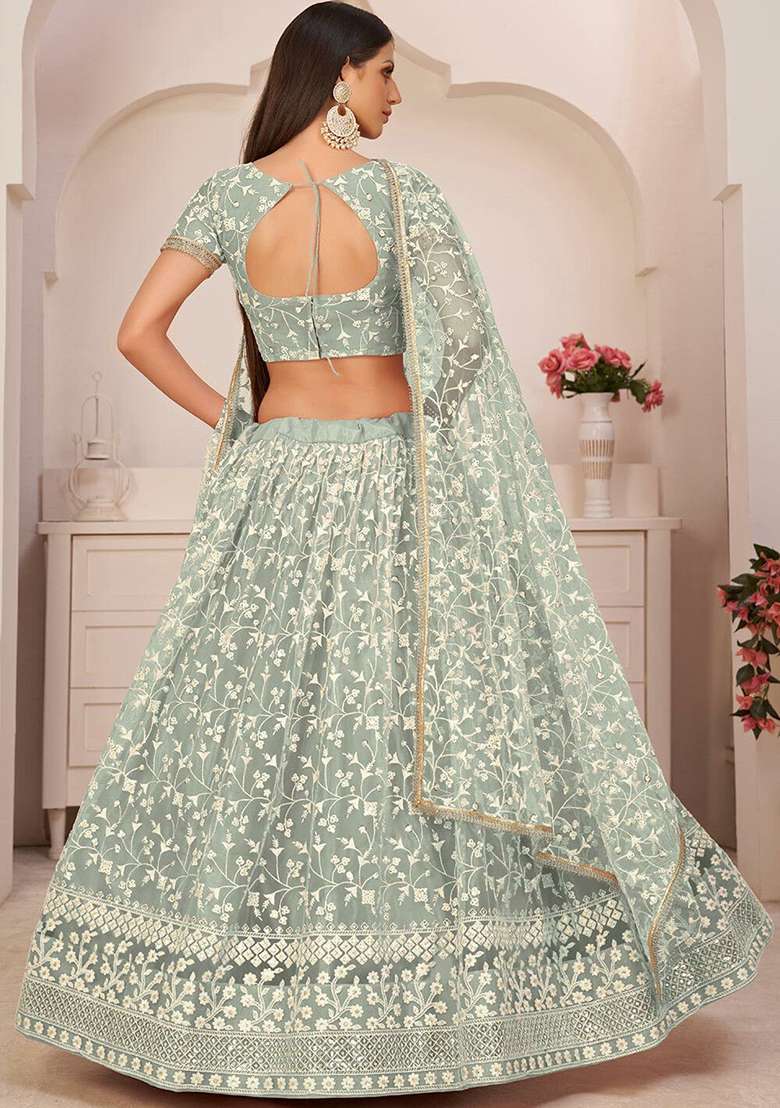 Pista With Dupatta Net Lehenga Set with Embroidered for Diwali | Wedding & Festive Wear - Indya