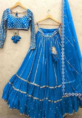 Blue Embroidered Net Lehenga Set With Dupatta