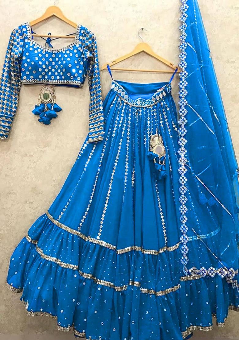 Blue Embroidered Net Lehenga Set With Dupatta