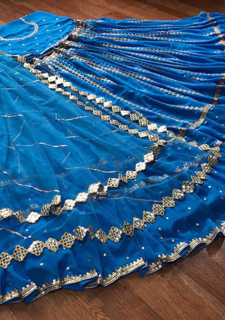 Blue Embroidered Net Lehenga Set With Dupatta - Indya