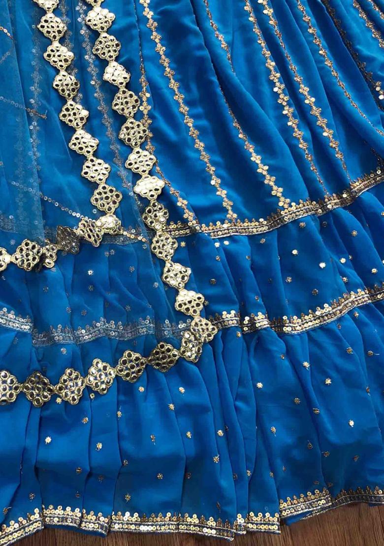 Blue Embroidered Net Lehenga Set With Dupatta