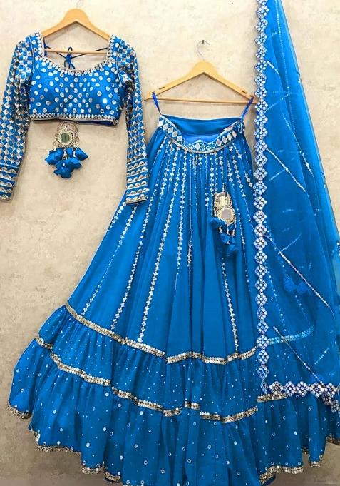 Blue Embroidered Net Lehenga Set With Dupatta