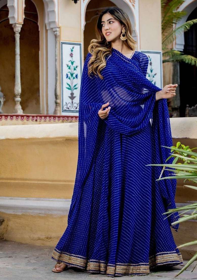 Royal Blue Printed Georgette Lehenga Set With Dupatta - Indya