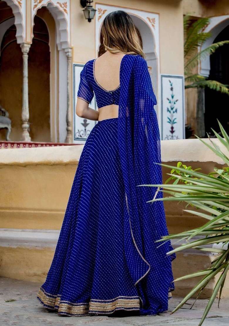 Royal Blue Printed Georgette Lehenga Set With Dupatta - Indya