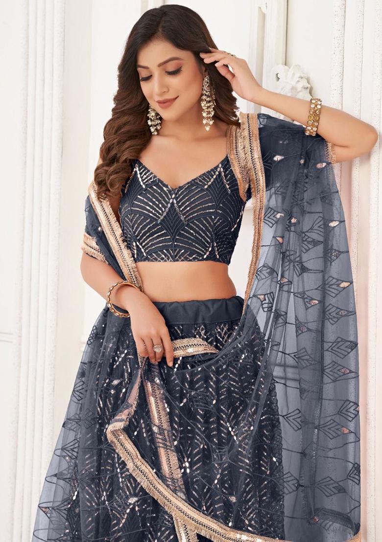 Black Embroidered Net Lehenga Set With Dupatta