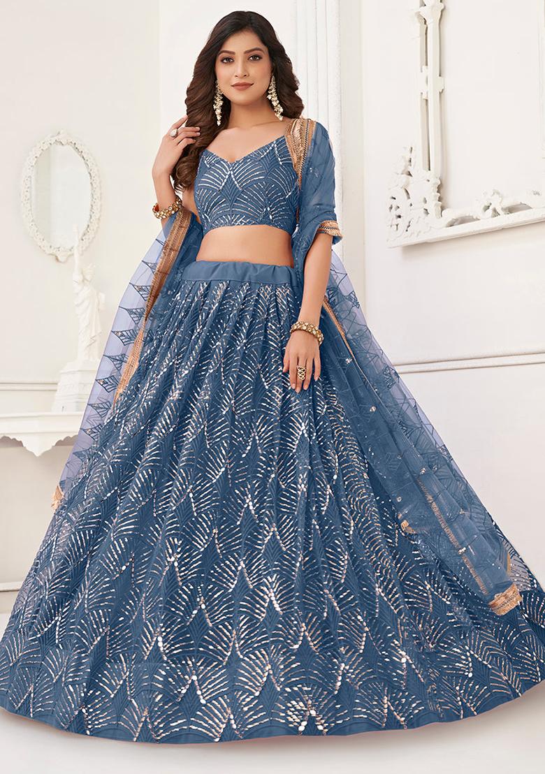Blue Embroidered Net Lehenga Set With Dupatta