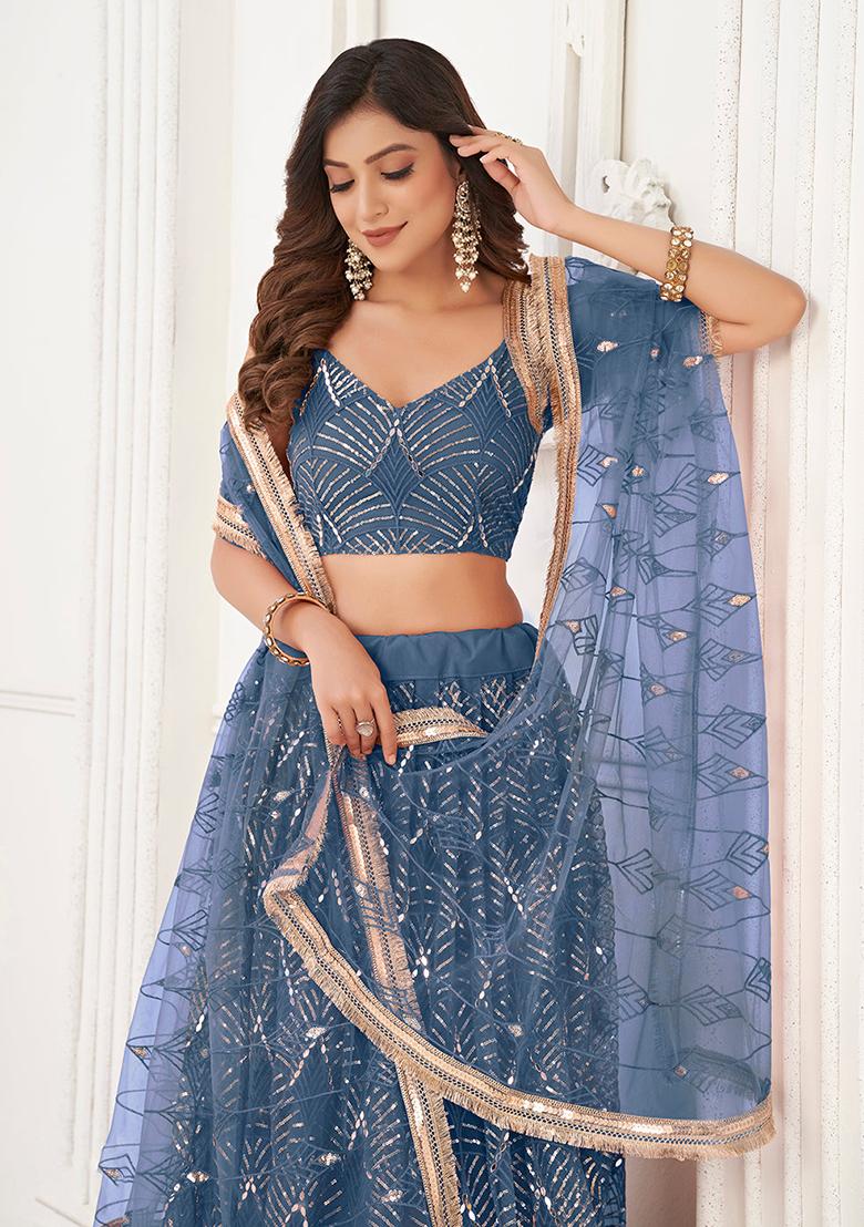 Blue Embroidered Net Lehenga Set With Dupatta