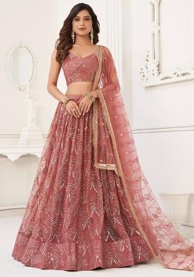 Pink Embroidered Net Lehenga Set With Dupatta