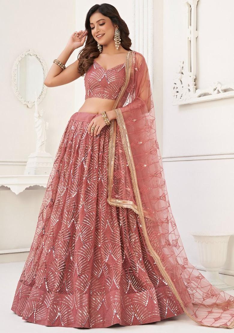 Pink Embroidered Net Lehenga Set With Dupatta