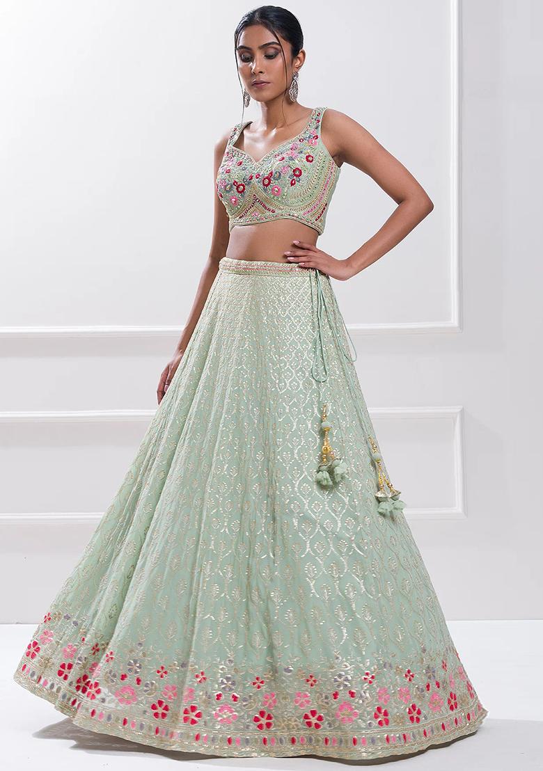 Pista Green Embroidered Georgette Lehenga Set With Dupatta