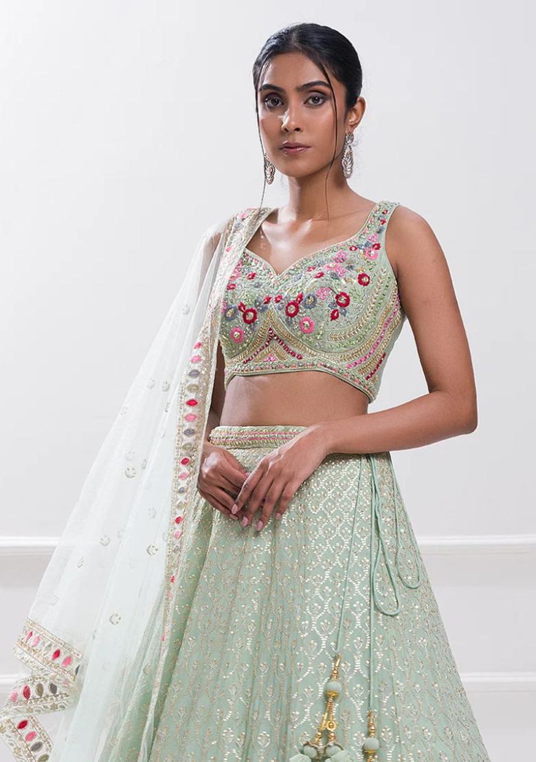 Pista Green Embroidered Georgette Lehenga Set With Dupatta