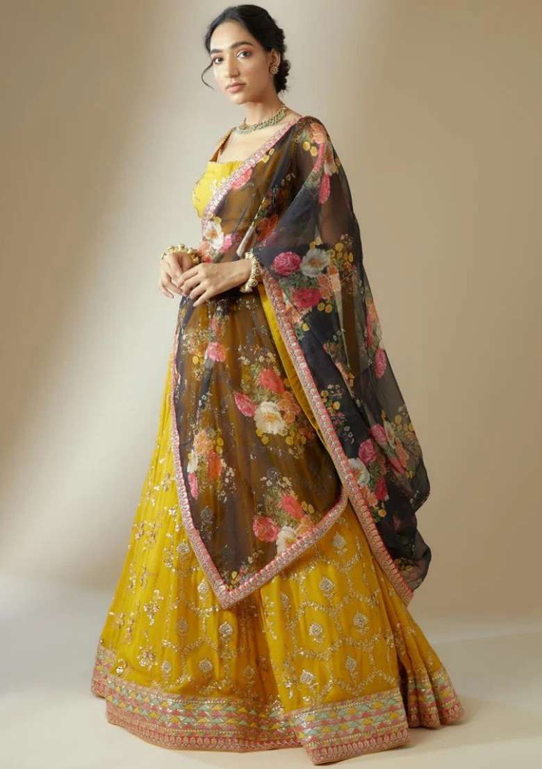 Yellow With Dupatta Georgette Lehenga Set with Embroidered for Diwali | Wedding & Festive Wear - Indya