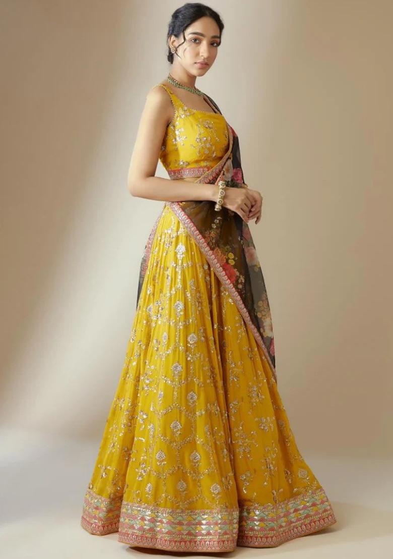 Yellow Embroidered Georgette Lehenga Set With Dupatta
