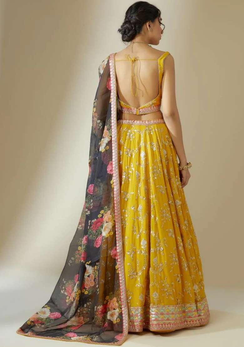 Yellow With Dupatta Georgette Lehenga Set with Embroidered for Diwali | Wedding & Festive Wear - Indya
